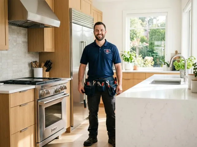 Appliance Repair Hero technician in a Baldwin Place, NY kitchen after an appliance repair
